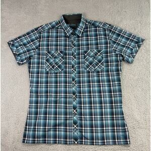Kuhl Shirt Mens Large Eluxur Blue Plaid Short Sleeve Pearl Snap Western